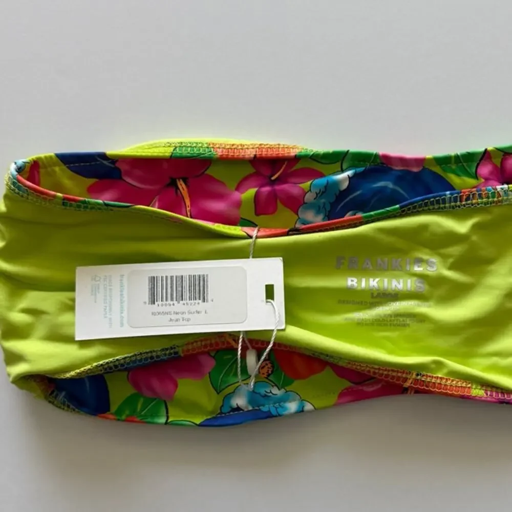 Frankies Bikinis Jean Floral Bandeau Bikini Top - Neon Surfer - L - NWT